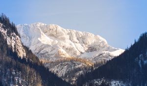 Preview wallpaper mountains, trees, snow, peak, sky