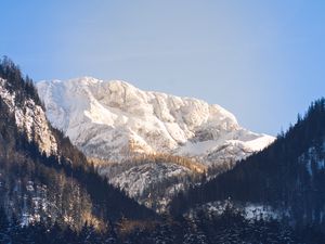 Preview wallpaper mountains, trees, snow, peak, sky