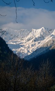 Preview wallpaper mountains, trees, snow, winter, landscape, mountain range