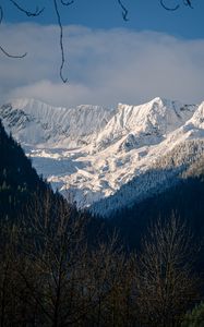 Preview wallpaper mountains, trees, snow, winter, landscape, mountain range