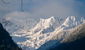 Preview wallpaper mountains, trees, snow, winter, landscape, mountain range