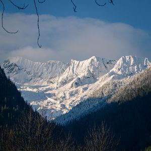 Preview wallpaper mountains, trees, snow, winter, landscape, mountain range