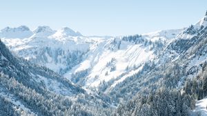 Preview wallpaper mountains, trees, snow, landscape, aerial view