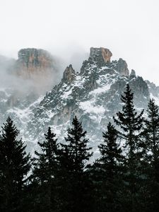 Preview wallpaper mountains, trees, snow, clouds, nature