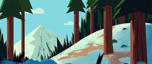 Preview wallpaper mountains, trees, snow, snowy, forest, art