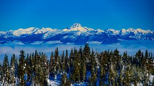 Preview wallpaper mountains, trees, snow, clouds, winter, landscape