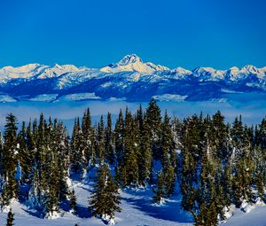 Preview wallpaper mountains, trees, snow, clouds, winter, landscape