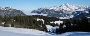 Preview wallpaper mountains, trees, snow, winter, landscape, nature