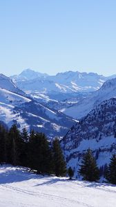 Preview wallpaper mountains, trees, snow, winter, nature, landscape