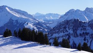 Preview wallpaper mountains, trees, snow, winter, nature, landscape