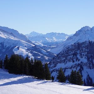 Preview wallpaper mountains, trees, snow, winter, nature, landscape