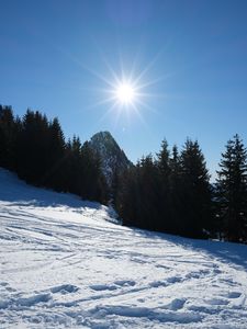 Preview wallpaper mountains, trees, snow, rays, sun, nature, winter