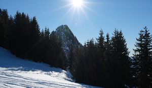 Preview wallpaper mountains, trees, snow, rays, sun, nature, winter