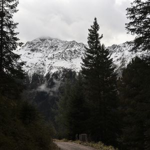 Preview wallpaper mountains, trees, snow, road, landscape