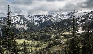 Preview wallpaper mountains, trees, snow, view, nature
