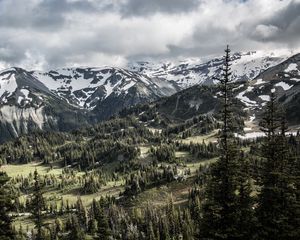 Preview wallpaper mountains, trees, snow, view, nature