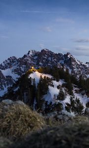 Preview wallpaper mountains, trees, snow, nature, landscape, light