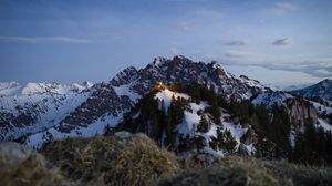 Preview wallpaper mountains, trees, snow, nature, landscape, light