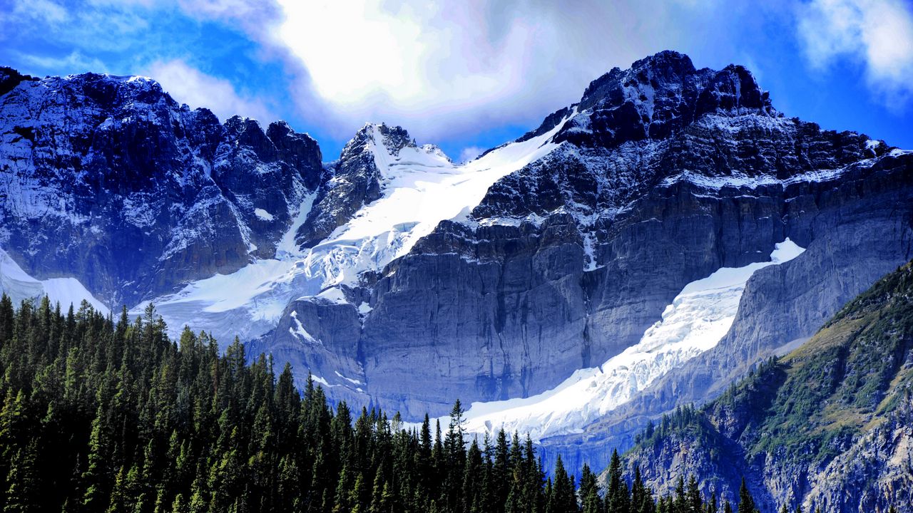 Wallpaper mountains, trees, spruce, snow, snowy, sky