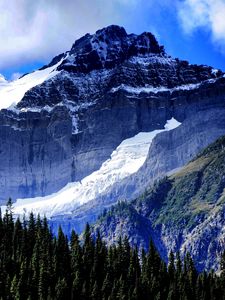 Preview wallpaper mountains, trees, spruce, snow, snowy, sky