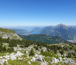 Preview wallpaper mountains, trees, stones, lake, horizon, view, landscape