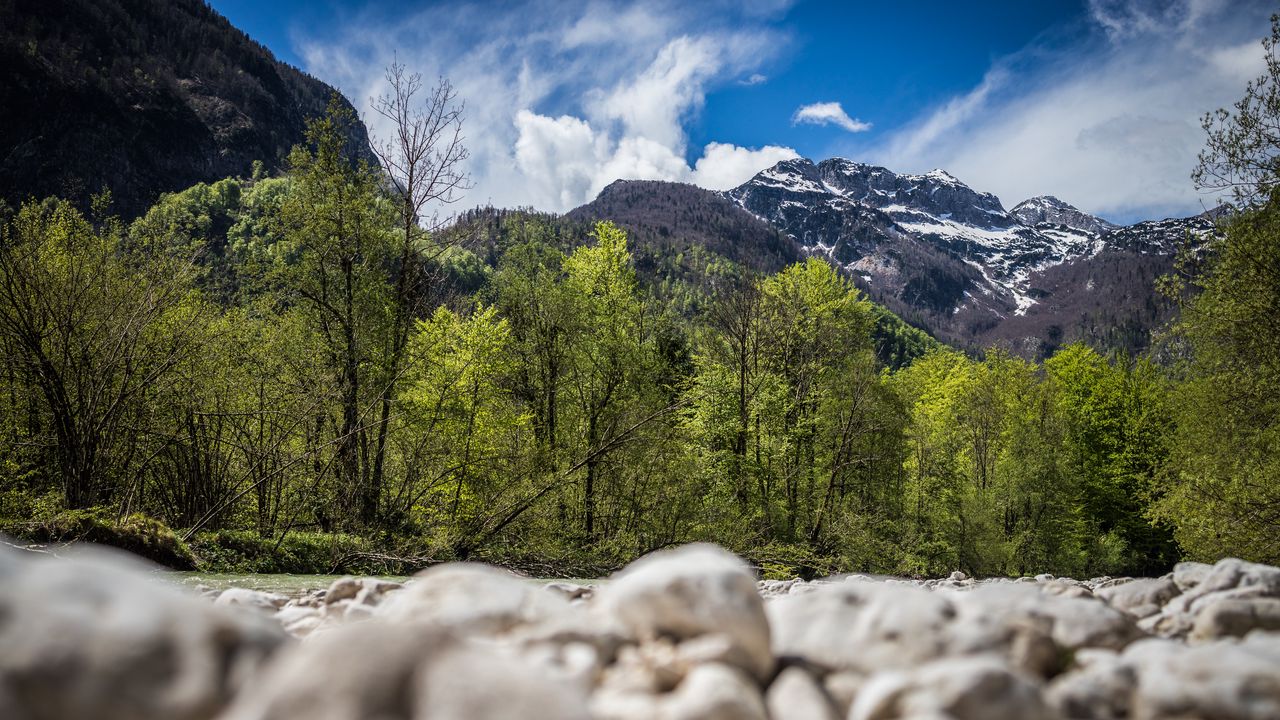 Wallpaper mountains, trees, stones, clouds, nature