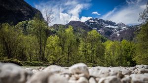 Preview wallpaper mountains, trees, stones, clouds, nature