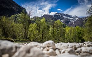 Preview wallpaper mountains, trees, stones, clouds, nature