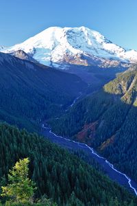 Preview wallpaper mountains, trees, stream, aerial view, landscape