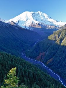 Preview wallpaper mountains, trees, stream, aerial view, landscape
