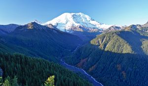 Preview wallpaper mountains, trees, stream, aerial view, landscape