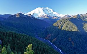 Preview wallpaper mountains, trees, stream, aerial view, landscape