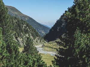 Preview wallpaper mountains, trees, summer, grass