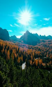 Preview wallpaper mountains, trees, sun, rays, autumn, aerial view