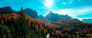 Preview wallpaper mountains, trees, sun, rays, autumn, aerial view