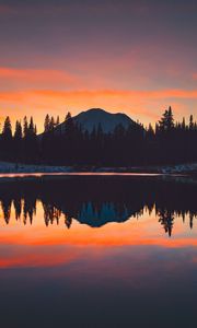 Preview wallpaper mountains, trees, sunset, sky, reflection