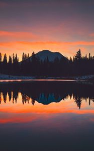 Preview wallpaper mountains, trees, sunset, sky, reflection