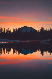 Preview wallpaper mountains, trees, sunset, sky, reflection