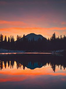 Preview wallpaper mountains, trees, sunset, sky, reflection