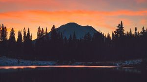 Preview wallpaper mountains, trees, sunset, sky, reflection