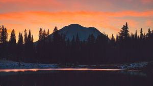 Preview wallpaper mountains, trees, sunset, sky, reflection