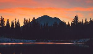 Preview wallpaper mountains, trees, sunset, sky, reflection