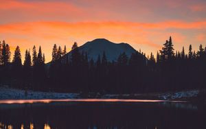 Preview wallpaper mountains, trees, sunset, sky, reflection
