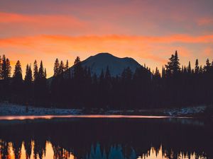 Preview wallpaper mountains, trees, sunset, sky, reflection