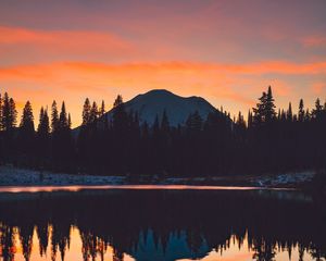 Preview wallpaper mountains, trees, sunset, sky, reflection