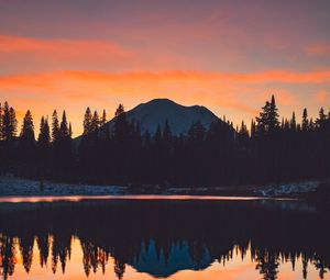 Preview wallpaper mountains, trees, sunset, sky, reflection