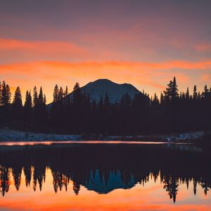 Preview wallpaper mountains, trees, sunset, sky, reflection
