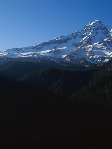 Preview wallpaper mountains, trees, top, peak, snow