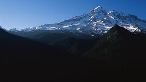 Preview wallpaper mountains, trees, top, peak, snow