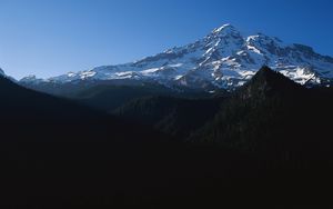 Preview wallpaper mountains, trees, top, peak, snow